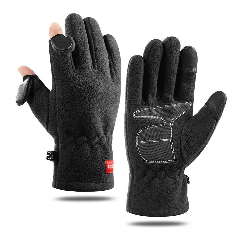 Men Winter Polar Fleece Silica Gel Non Slip Clamshell Show Finger Touch Screen Mitten Plus Velvet Thick Warm Sport Cycling Glove