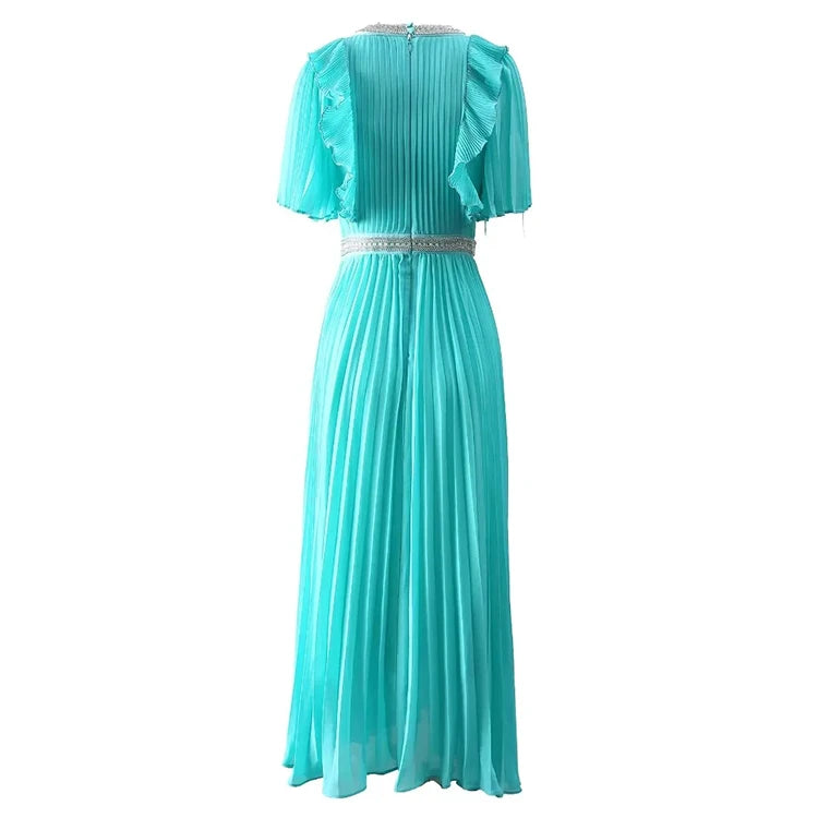 Spring Summer Women's Pleated Dress Flare Sleeved Beading Flounced Edge Dresses