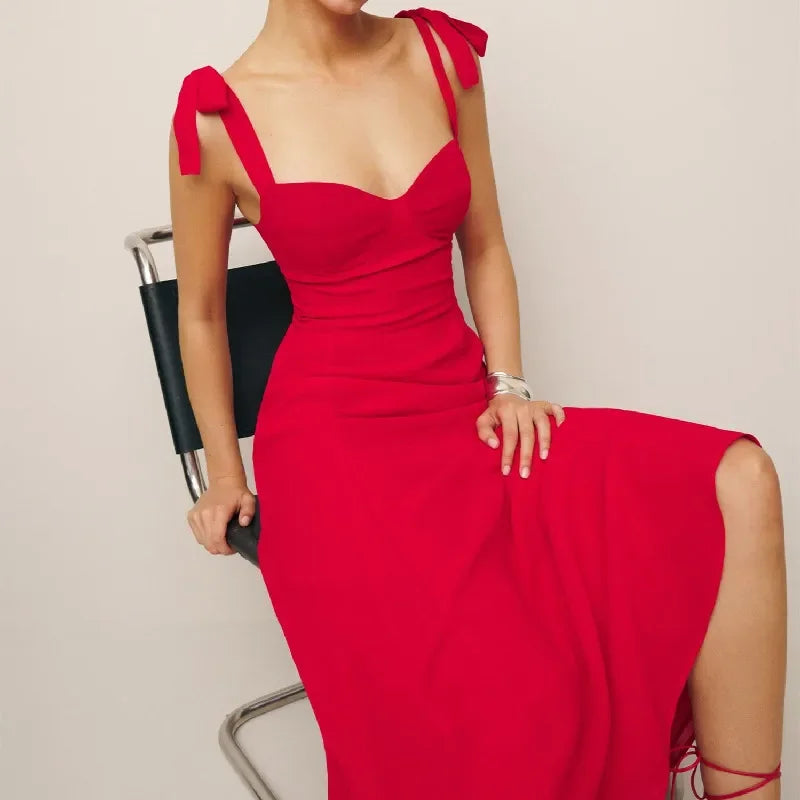 Summer French Solid Red Women Dress Bodycon Tie Bow Strap Sleeveless Dress Sexy Beach Women Party Dress Vintage Female