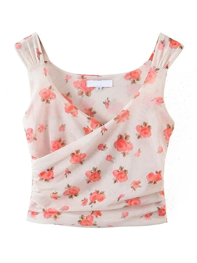 Summer Crop Tops Woman Cute Sweet Sexy Cross V-Neck Rose Mesh Short Vest Female Tank Tops