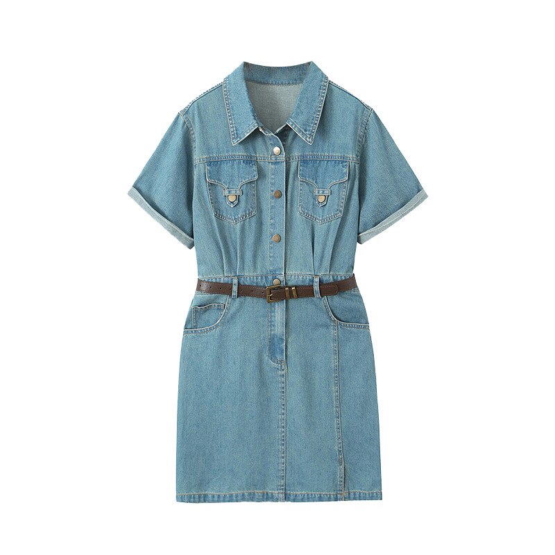 Dress Women Clothes Summer Short Sleeve Belt Chic Retro Denim One-Piece Oversized Curve