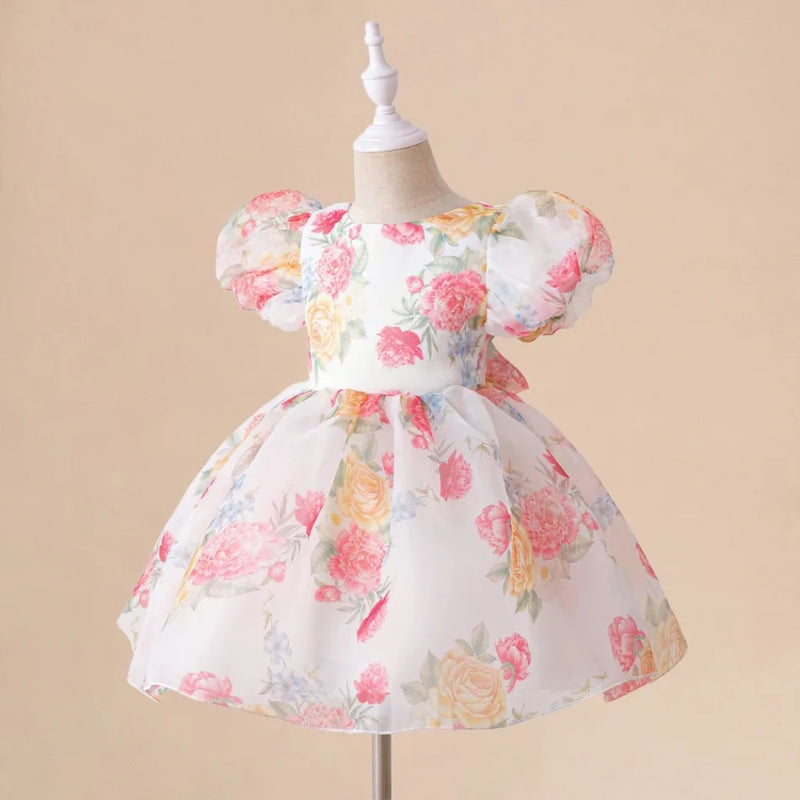 Elegant Girls Flower Puff Sleeve Dresses For Weddings  Kids Formal Birthday Party Fairy Princess Cloth