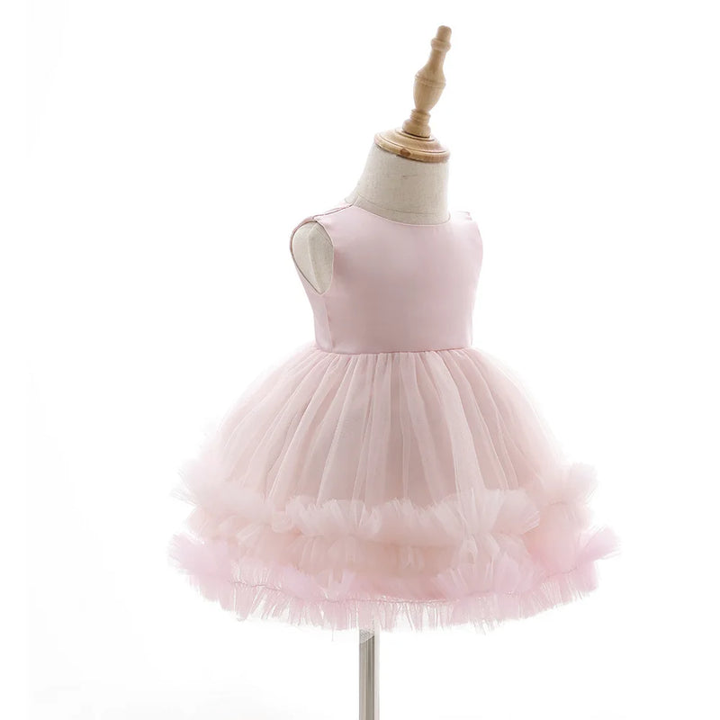 First Birthday Girl Party Ball Gown Pink Puffy Baby's Dress Ruched Toddler Girl Clothes