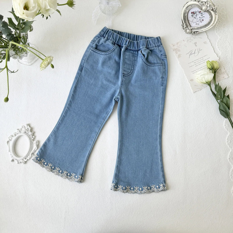 Kids Girl Jeans Floral Embroidery Spring Autumn Casual Trousers Children Denim Flare Elastic Pants