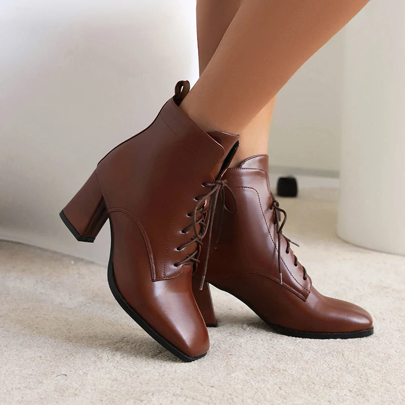 Square Toe Thick Heel Lace-Up Boots Version Of Casual Women's Ankle Boots Autumn