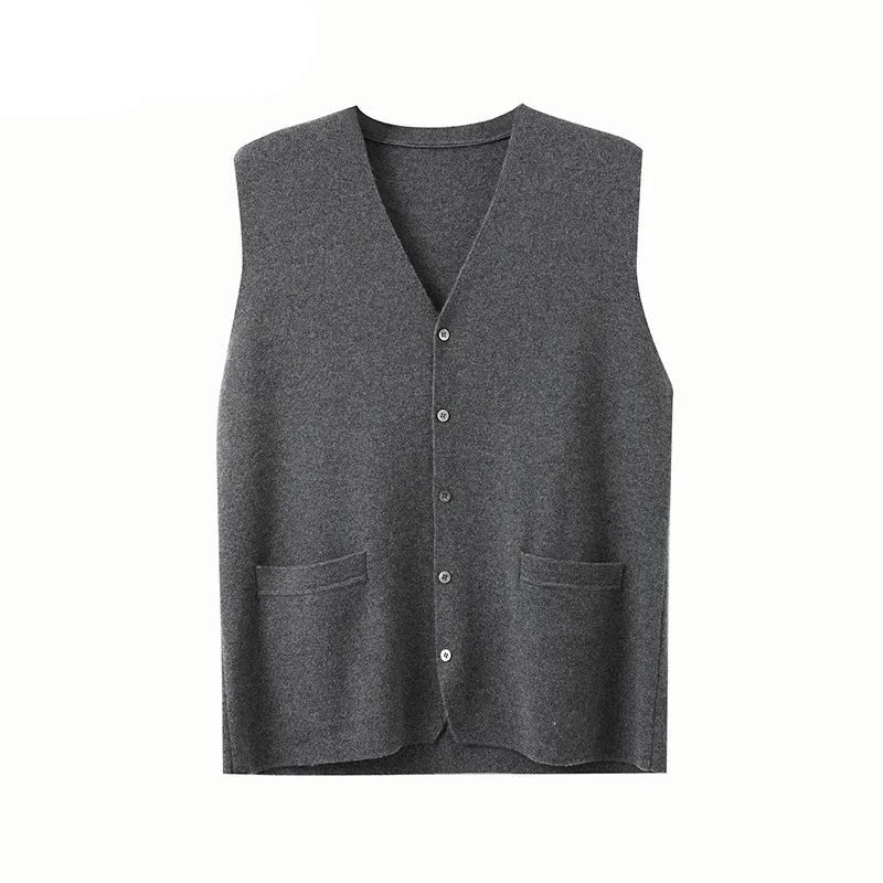 Mens Pure Cashmere Cardigan Waistcoat Autumn Winter V-Neck Young Knit Top High-End Jacket Vest Casual Sleeveless Sweater