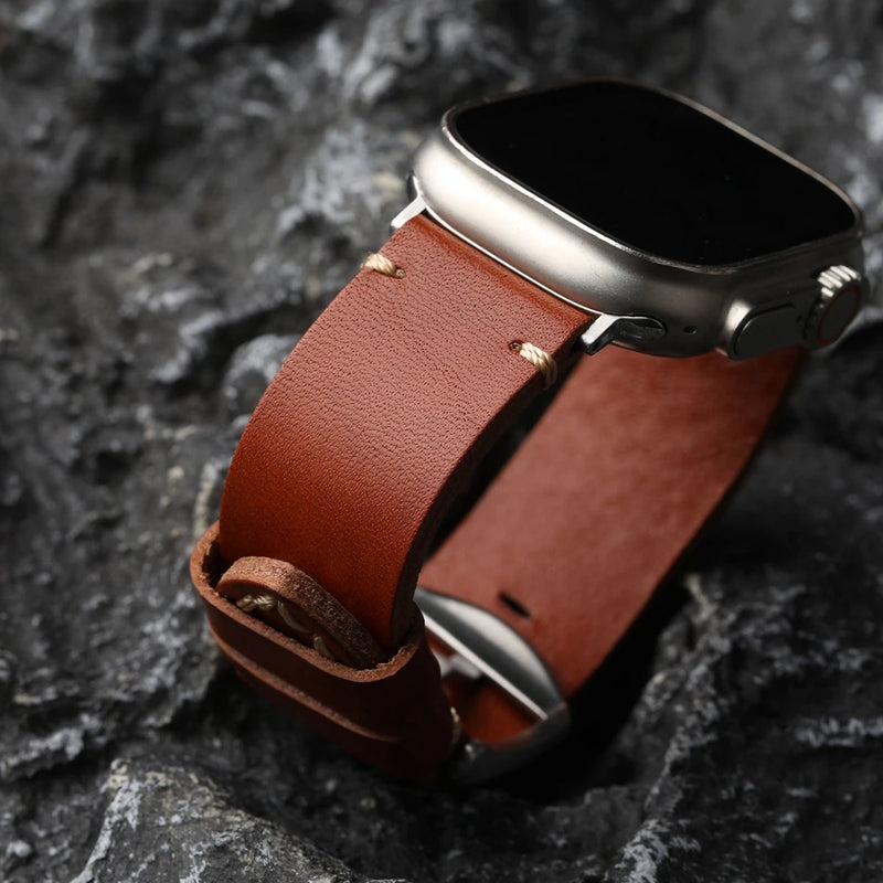 Handcrafted Maroon Retro Watchband For Apple Watch Thickened Punk Leather Strap Thickened