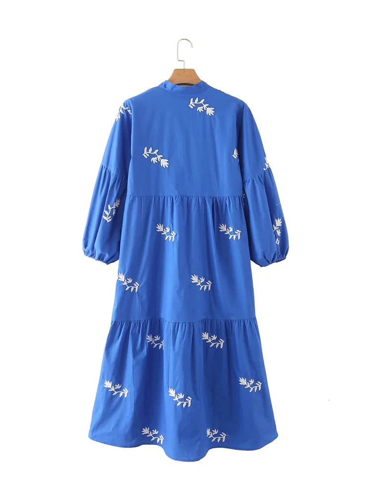 Women Floral Embroidery Casual Pleats Blue Midi Dress Female