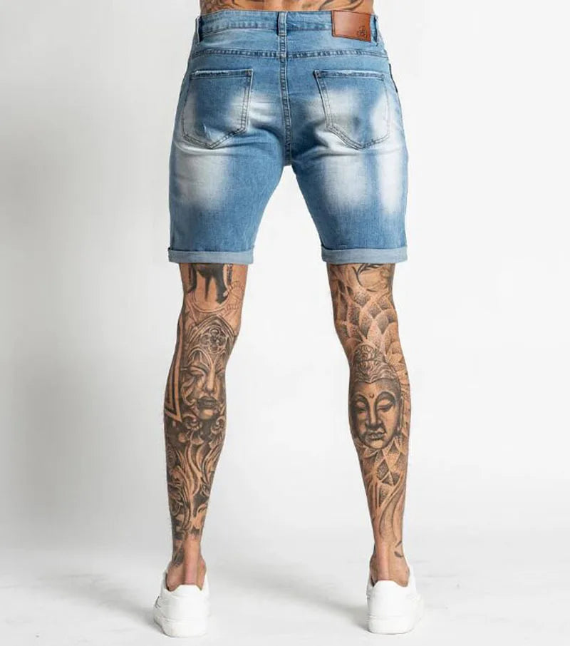 Men Stretch Short Jeans Casual Slim Fit Elastic Denim Shorts Male Hole Out Short Jeans