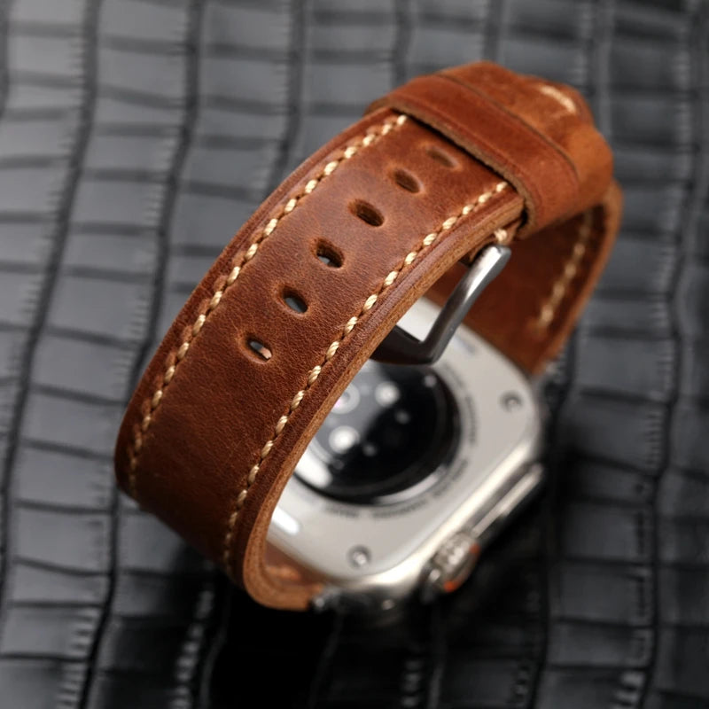 handmade Italian First Leather Watchband For Apple Watch 49mm 45mm iwatch7/8ultra Light Brown Calf Men Leather Strap