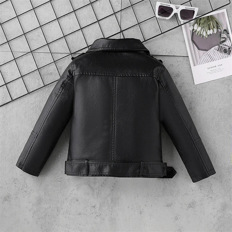 Girls Leather Motorcycle Jacket Children's Faux Leather Jacket Spring Autumn Zipper Belt Tops