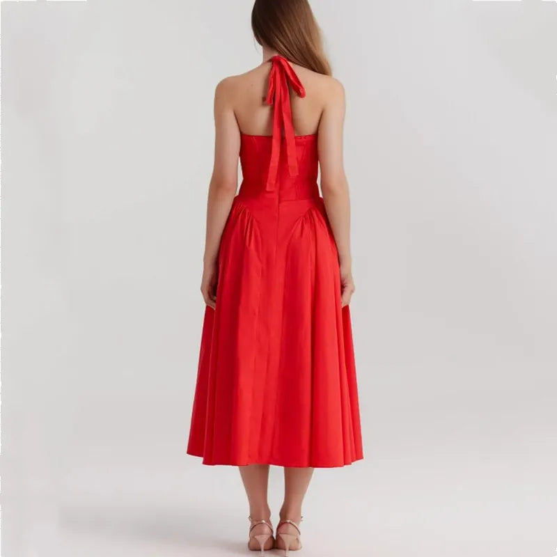 Red Corset Style Bow Halter Dress Spliced Lace Drawstring Rope Chest Pleated Slim Low Waist Folded Swing Midi Robe