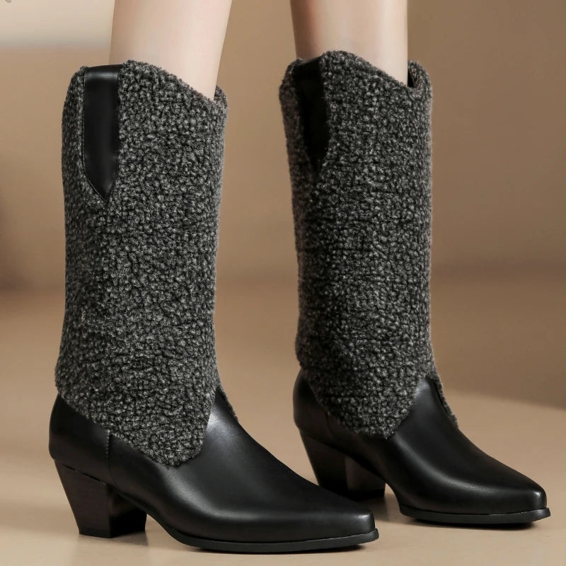 Fur Knee High Boots for Women Warm Snow Winter Boot Heels