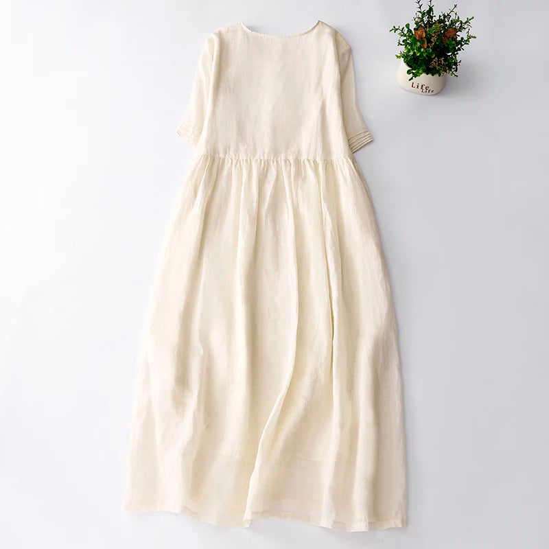 Limiguyue Summer High Quality Embroidery Cotton Linen Dress V-Neck Apricot Literary A-Line Large Size Long Dresses Soft U790