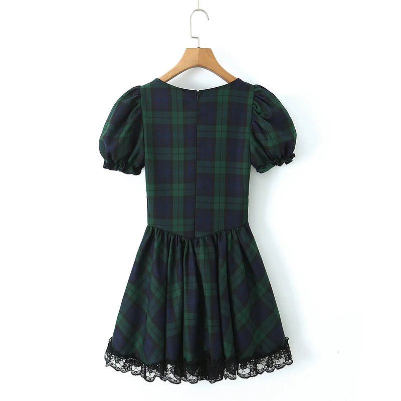 Stitching Wood Lace Cross Lacing up Short Puff Sleeve Mini Dress Woman Plaid Slim Waist Holiday