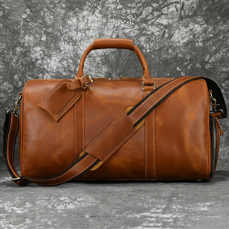 Vintage Men's Hand Luggage Bag Travel Bag With Shoe Pocket Genuine Leather Large Capacity Shoulder