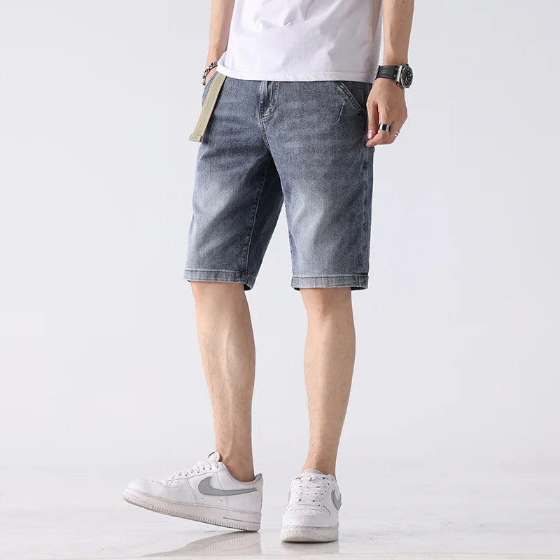 Denim Shorts Men Summer Thin Loose Casual Cropped Pants Embroidered Printed Washed Stretch Soft Middle Pants