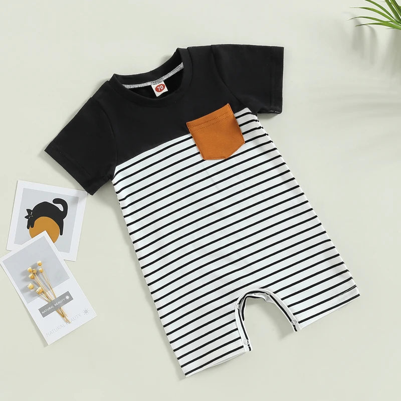 Summer Infant Baby Boys Romper Short Sleeve Striped Patchwork Short Jumpsuit Clothes