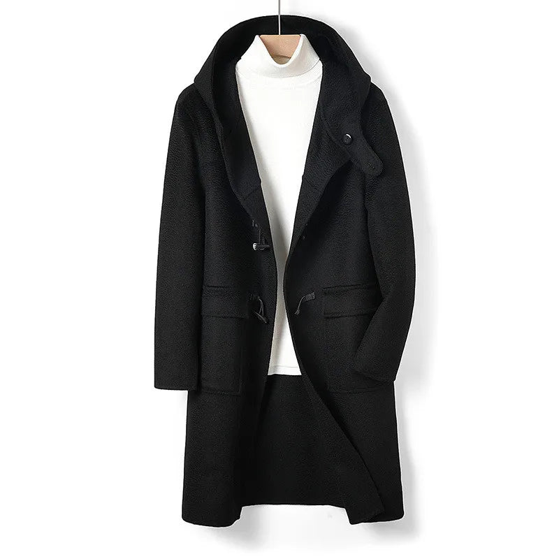 Wool double-faced woolen men's coat hooded cloak high-end horn buckle black windbreak