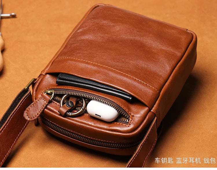 Leather Zipper Men's Shoulder Bag Natural Casual Satchel Man Retro Small Bag