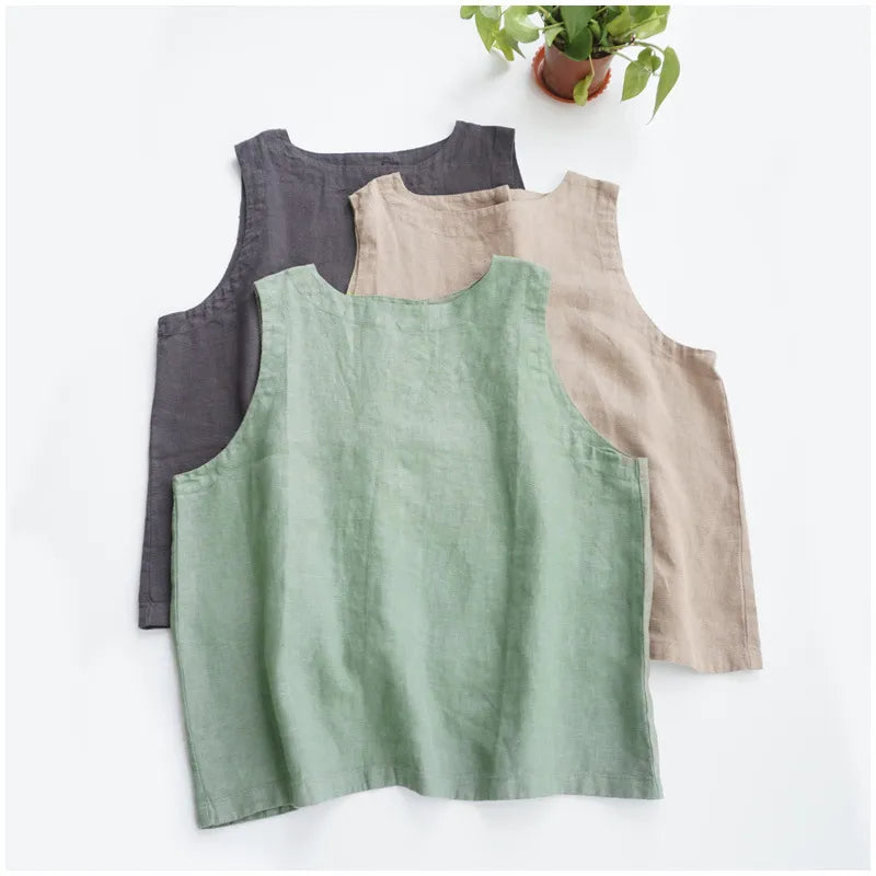 Summer Linen Women Tops Casual Solid Sleeveless Back Button Patchwork Tank Top Women Clothing Offer Free Shipping