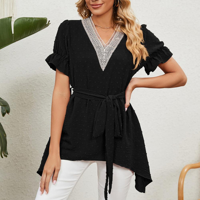 Elegant Women Shirt Lace Stitching Trim Ruffle Short Sleeve Jacquard Irregular Hem Belt Chiffon Blouses Tops Streetwear