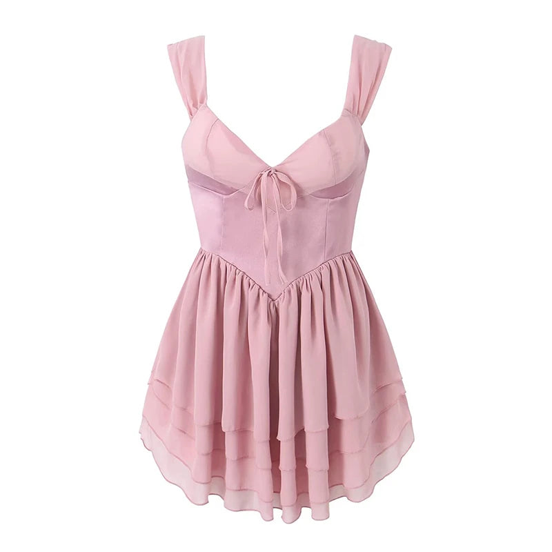 Sweet Women Rose Pink Satin Patchwork Chiffon Sling Dress Summer Female Party Mini Robe Skate Dress