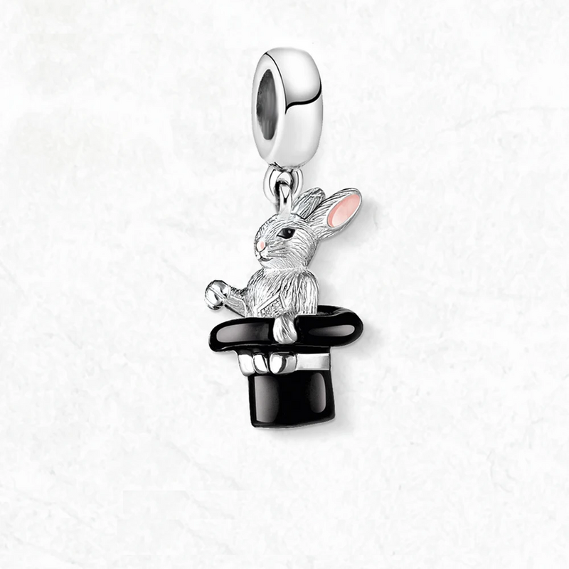 925 Sterling Silver Rabbit Charm Magician Jewelry Bunny With Top Hat Magic Cute Gift