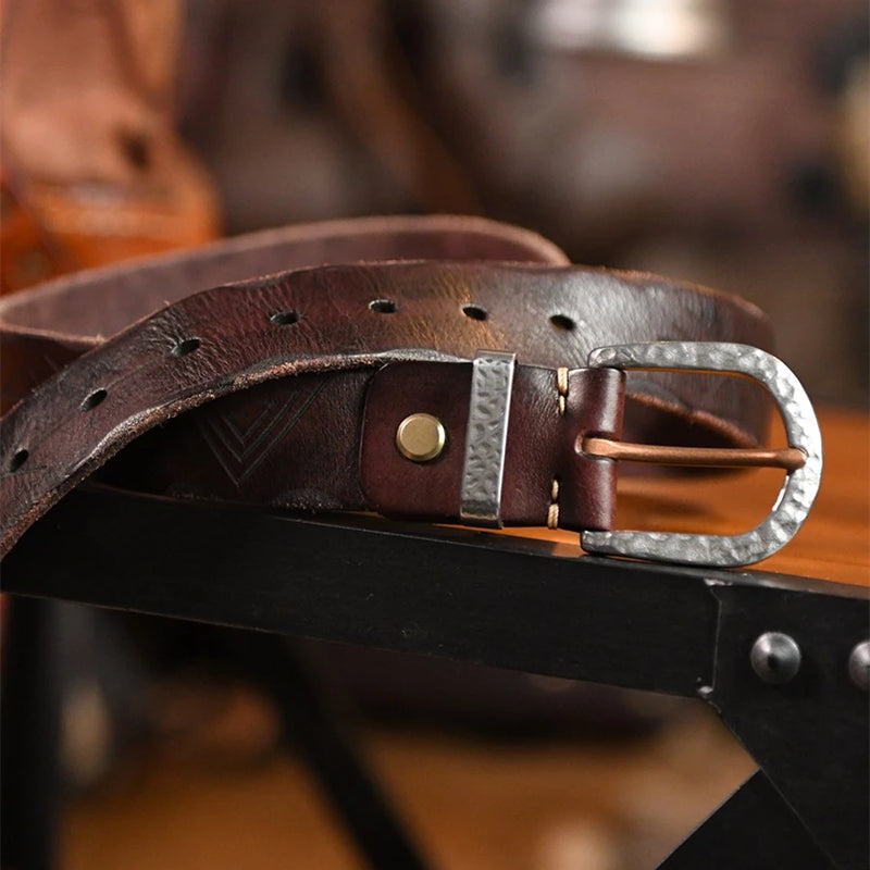 Western Style Engraving Pattern Genuine Leather Men's Belt Retro Handmade Pure Steel Forged Belt