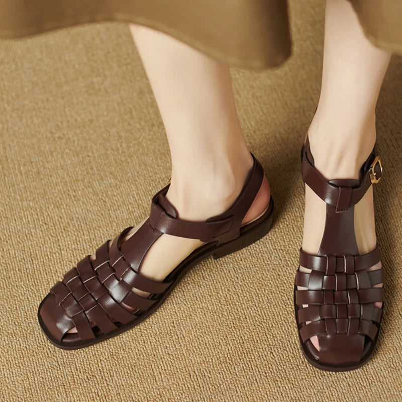 Women Genuine Leather Sandals Flats Heels Comfort Casual Shoes Woman Buckles Summer Shoes Sandals