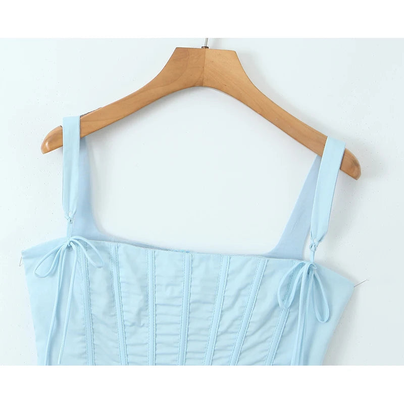 Women Blue Cotton Boning Corset Summer Party Chic Crop Top