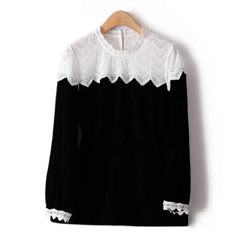 women Spring Autumn French Crochet Stitching Velvet Contrasting Women's T-Shirts