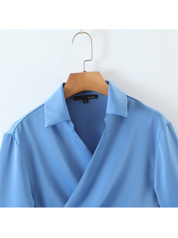 Autumn Blue Short Blouses Women Crop Top Casual Chic Office Ladies Pullover V-neck Long-Sleeved Loose Drape Shirt