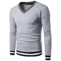 Mens Warm Clothing Contrast Color Striped Hem V Neck Pullover Casual Winter Autumn Sweatshirt Long Sleeve Slim Fit T-shirt