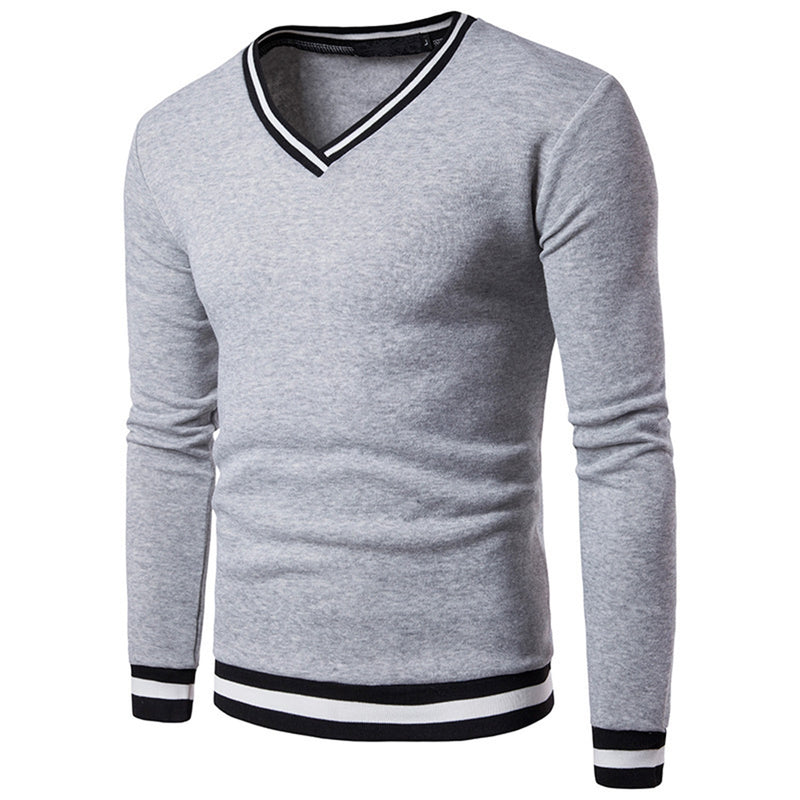 Mens Warm Clothing Contrast Color Striped Hem V Neck Pullover Casual Winter Autumn Sweatshirt Long Sleeve Slim Fit T-shirt