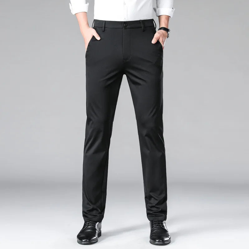 Men Spring Summer Dress Thin Suit Pants Elastic Straight Tube Loose Fit Casual