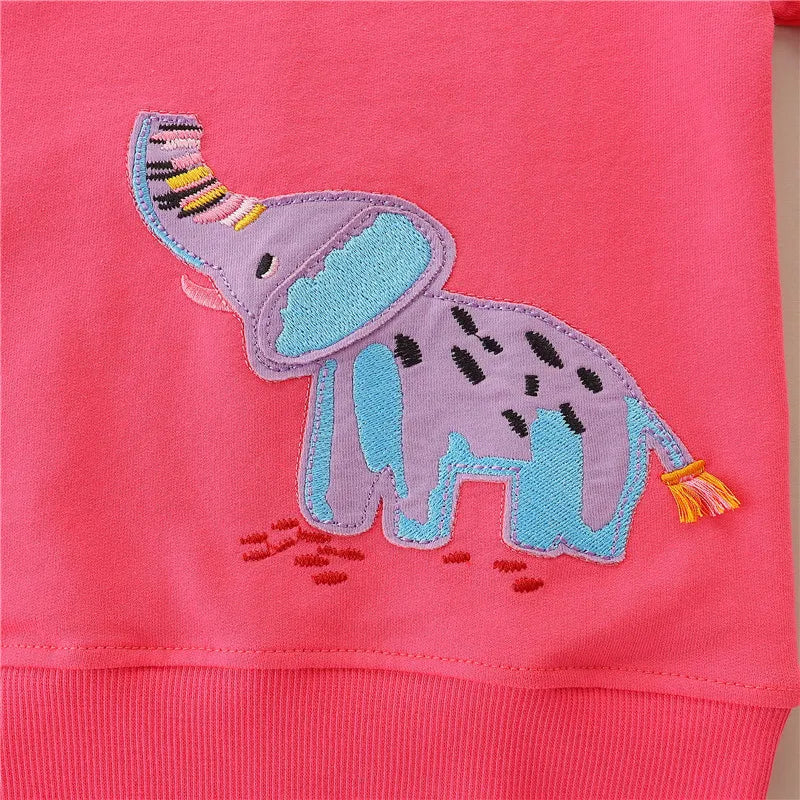 Spring Girls Sweatshirts With Elephant Embroidery Baby Clothes Long Sleeve Hooded Sport Shirts