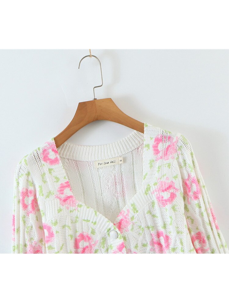 Autumn Sweet Knit Cardigan Women Slim Cute Flower V-Neck Short Sweater Female Cropped Top