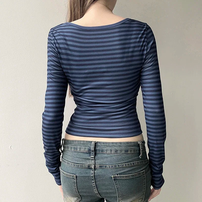 Women Button-up Crew Neck T-shirts Chic Elegant Striped Cropped Top Autumn Spring