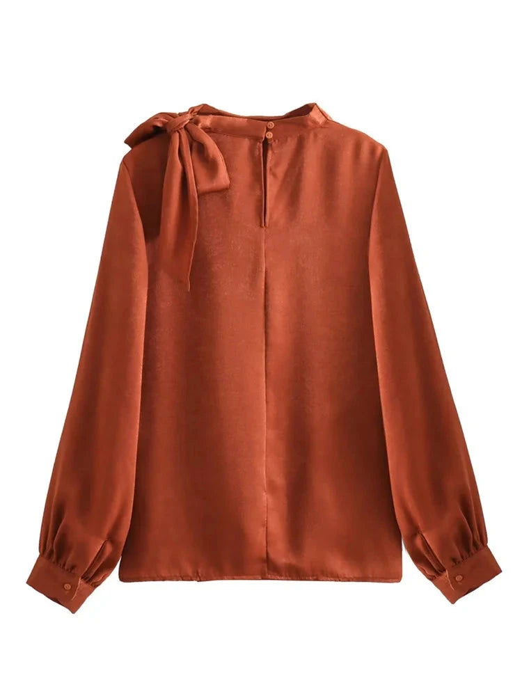 Women Solid Color Bow Tied Collar Casual Soft Satin Smock Blouse Female Long Sleeve Shirt