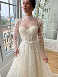 Customized Appliques Mesh Sleeves Tiered Ruffle A-line Wedding Dress Floor-Length