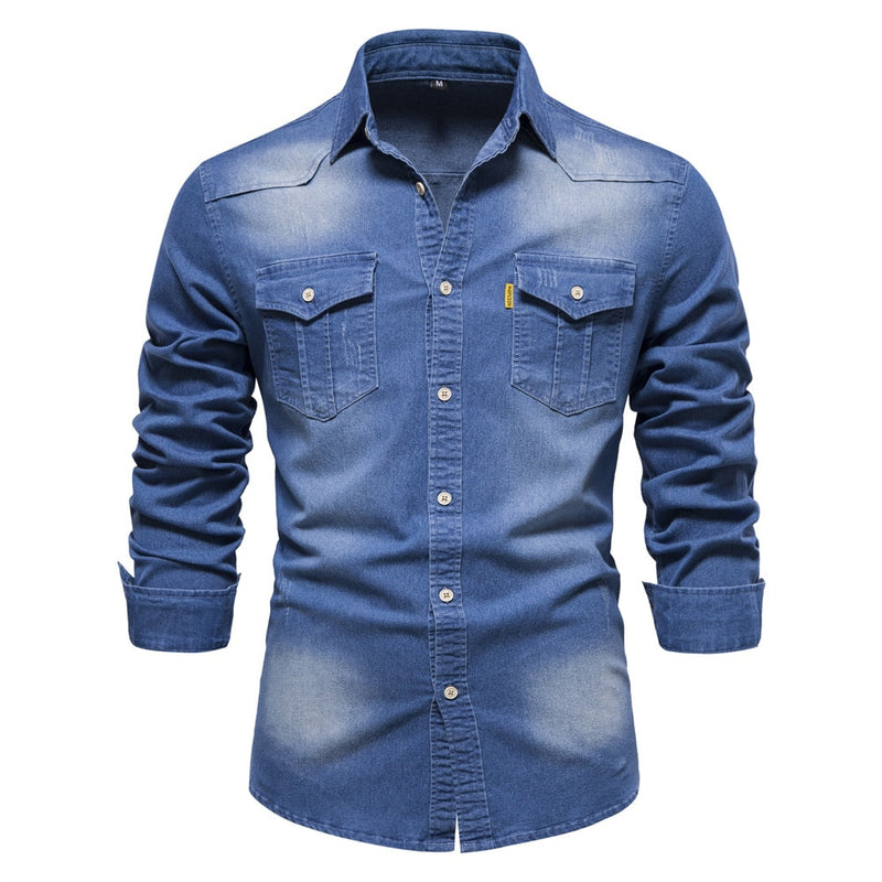 Men Denim Long Sleeve Shirts Casual Solid Single Breasted Top Men Elastic Pure Cotton