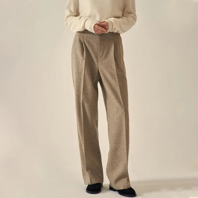 Ladies Classic Vintage Casual Wide Leg Pants Wool Straight Suit Trousers Women