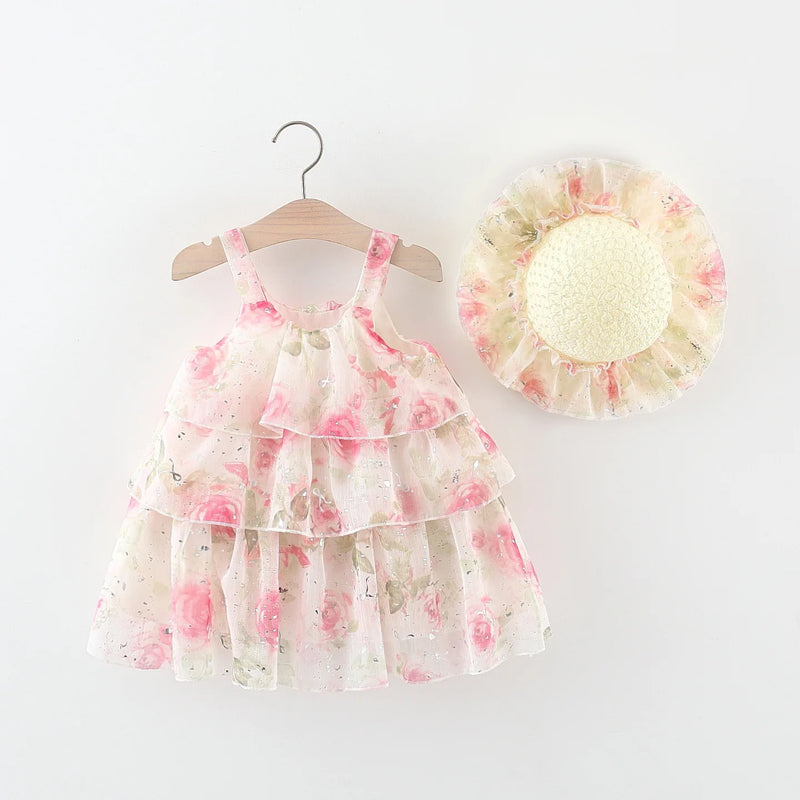 Summer Toddler Girl Clothes Flowers Mesh Baby Dresses Sunhat Princess Birthday Dress Set