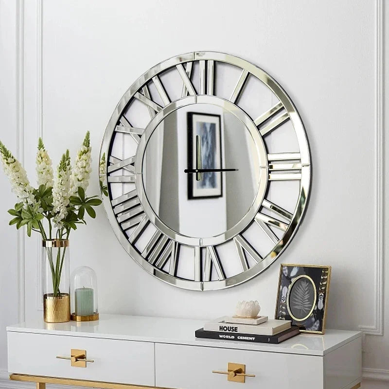 Wall Clock Glass Mirror Modern Decorative Roman Large Silver Wooden Round 3D Clock