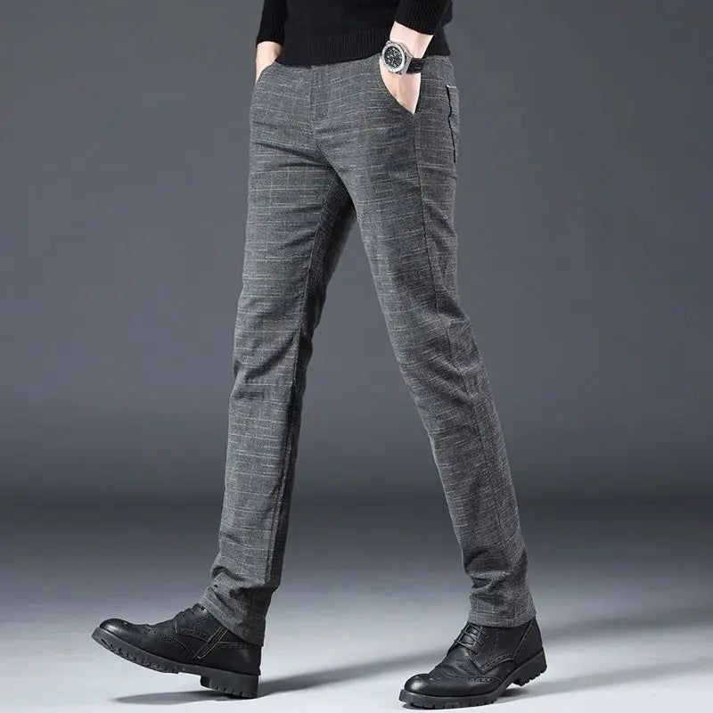 Streetwear Men Striped Plaid Suit Pants Spring Autumn Casual Grey Straight Slim Trousers