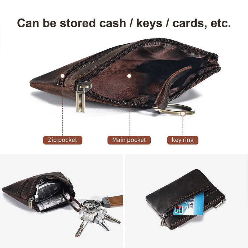 Genuine Leather Coin Purse for Men Mini Pouch Change Wallet with Key Ring Card Holder Key Holder Money Pouch Coin Wallet