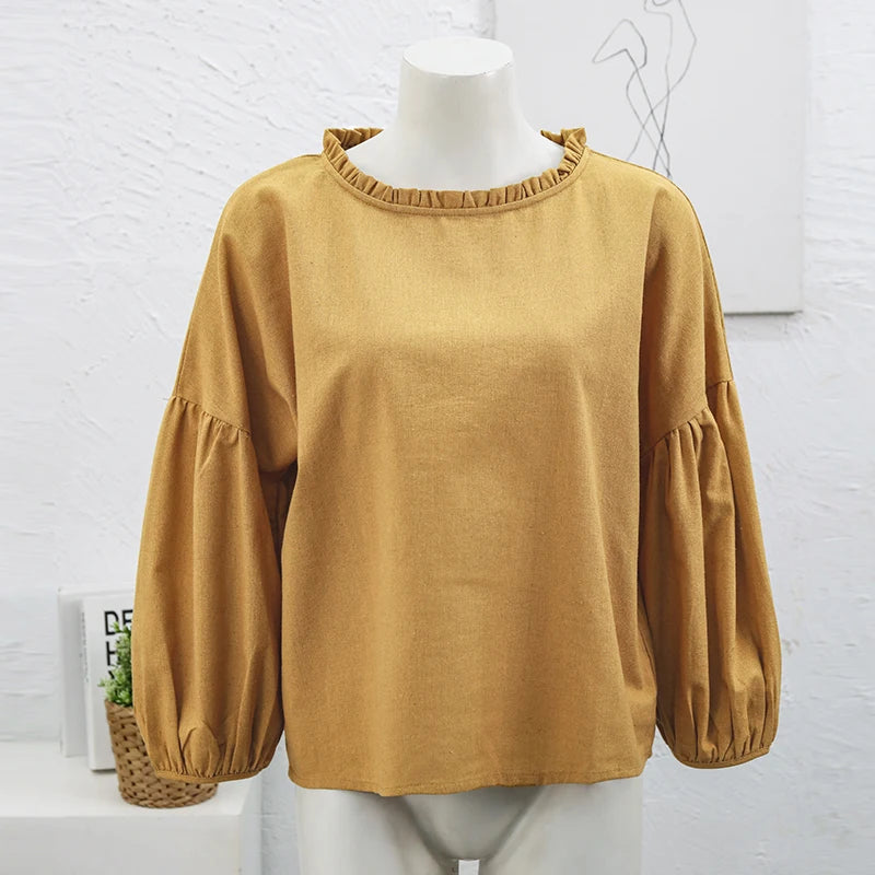 Retro Linen Women T-Shirt Casual Loose O-Neck Ruffles Long Sleeve Tees Spring Autumn Basic Tops Shirts