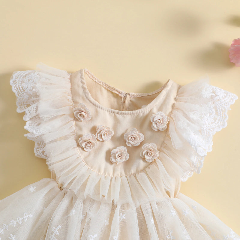 Summer Infant Baby Girls Bodysuit Fly Sleeve Flower Lace Tulle Patchwork Dress Clothes