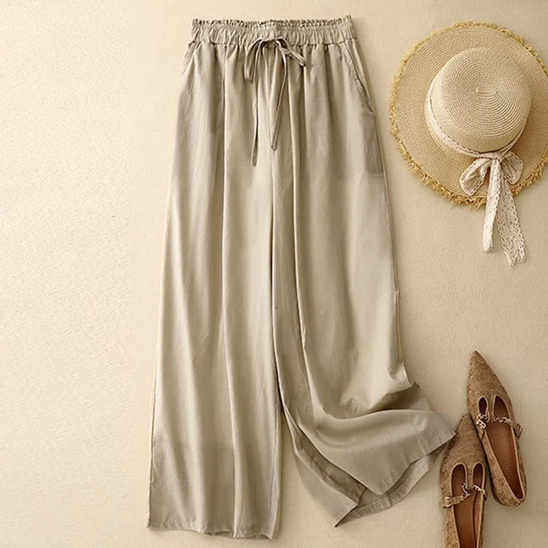 Women Casual Wide Leg Pants Summer Simple Loose Female High Waist Ankle-length Pants